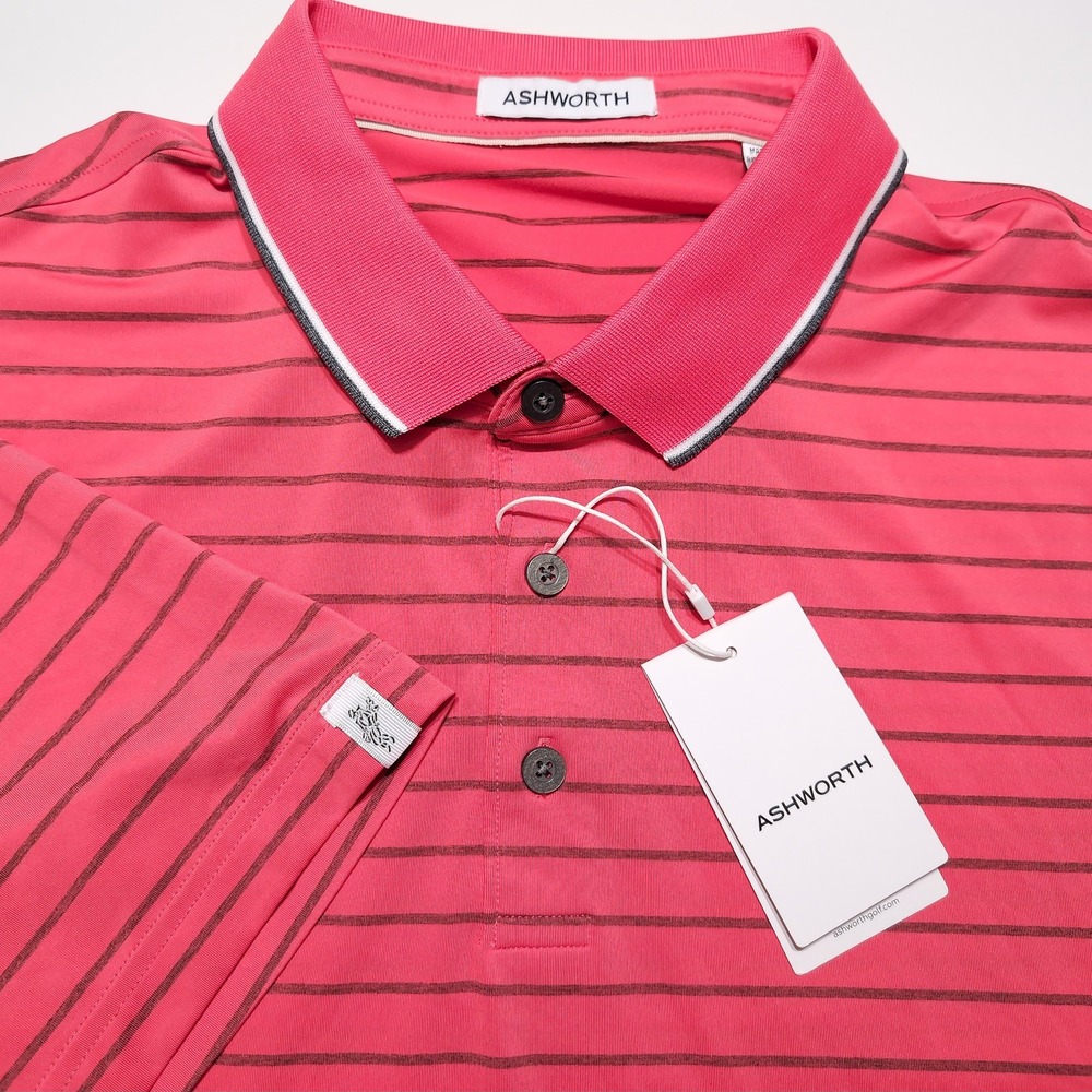 ASHWORTH Golf Polo Shirt Mens Large Pink NWT Striped Short Sleeve Performance